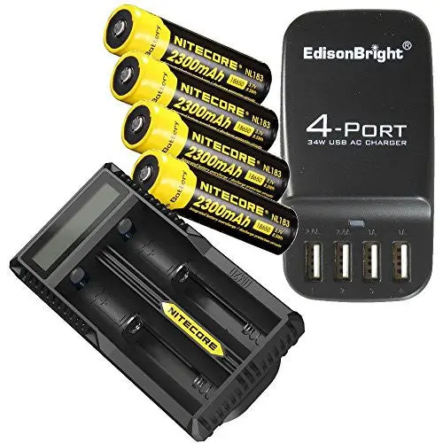 4-Pack Nitecore Nl183 18650 Batteries + Um20 Charger + Edisonbright Eb-4U 4-Port Usb Charging Station 1