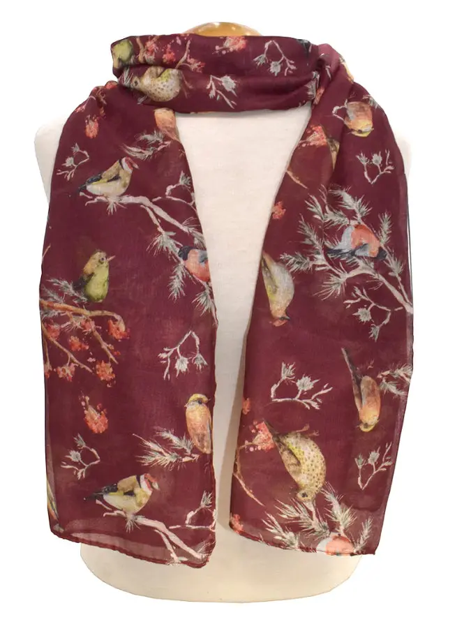 Bird On Branch Silk-Blend Scarf – Maroon Nature-Inspired Wrap 1