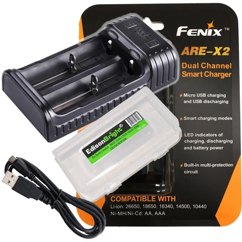 Fenix Are-X2 Smart Battery Charger – Dual-Bay Li-Ion Charger With Protective Edisonbright Carry Case 1