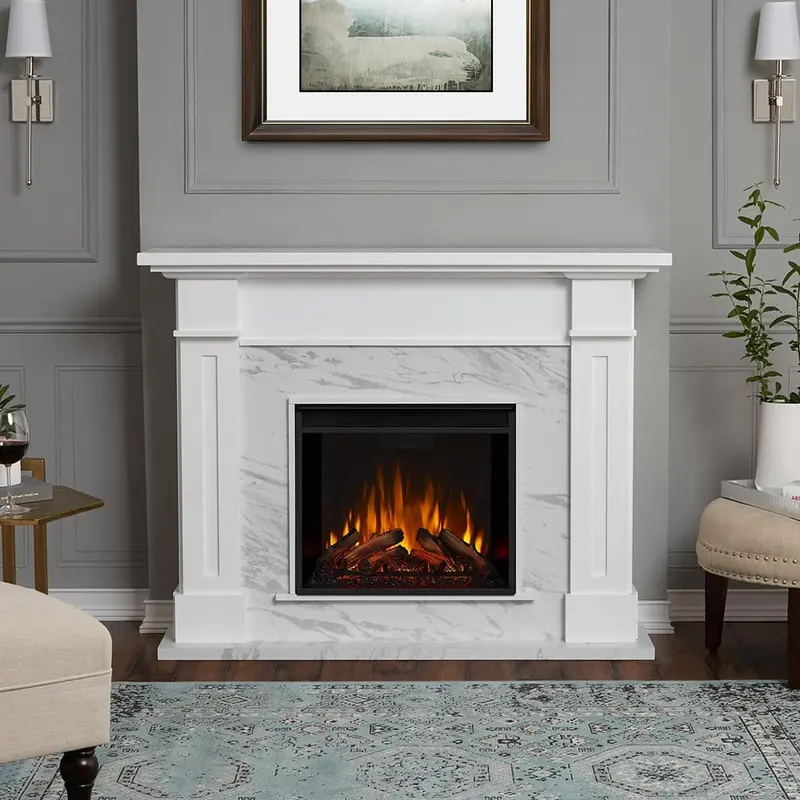 Kipling White Electric Fireplace Mantel Package With Faux Marble Accents – Elegant Built-In Look 1