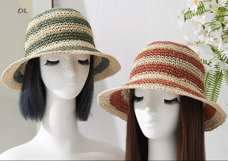 Olive & Brown Striped Straw Hat 1