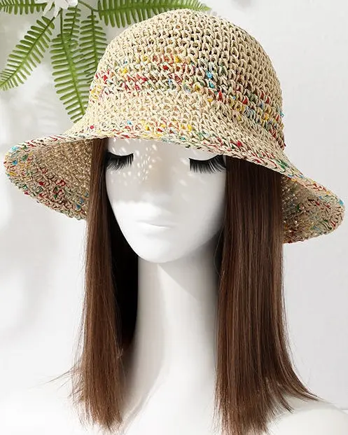 Rainbow-Striped Natural Straw Wide-Brim Hat 1